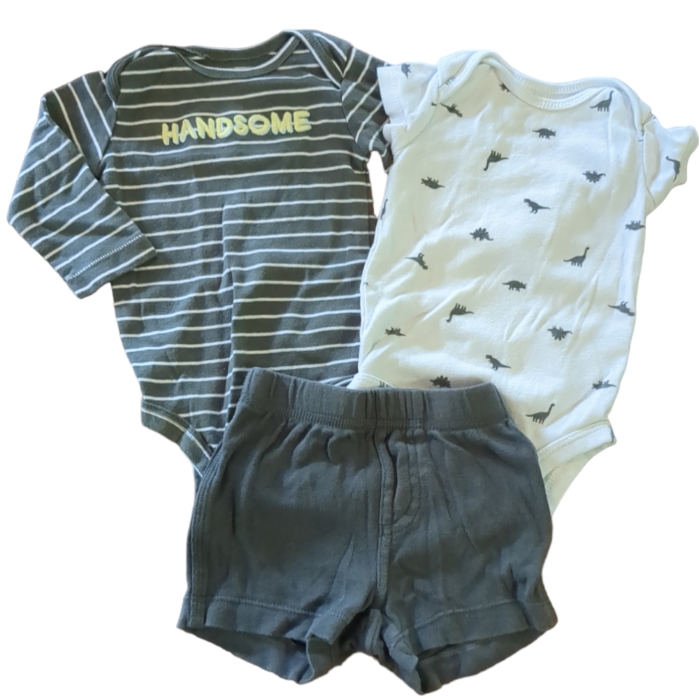 CARTER'S 3 Piece Boys Striped Dinosaur Outfit